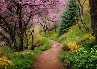 Spring Trail Through Blossoming Trees