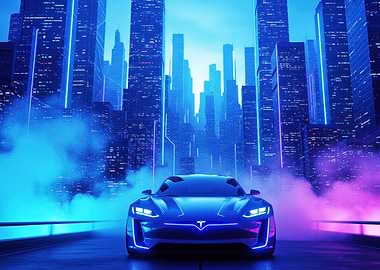 Futuristic Car in Neon Cityscape