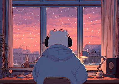 Bear in Hoodie Watching Snowfall