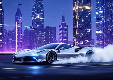 Futuristic Silver Sports Car in Cityscape