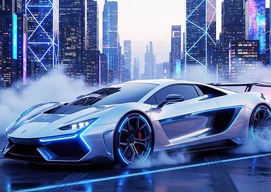 Futuristic Car in Cyberpunk Cityscape