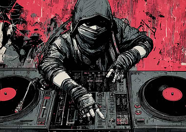 Hooded DJ with Turntables