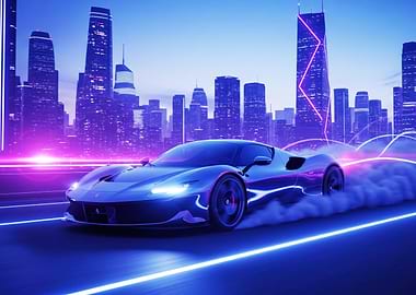 Futuristic Car in Neon Cityscape