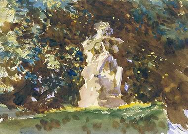 Watercolor Statue in Garden Setting