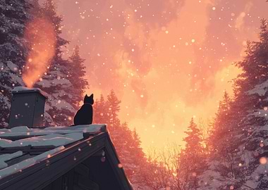 Winter Cat on Roof at Sunset