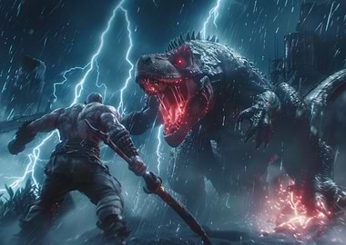 Warrior versus T-Rex in Storm