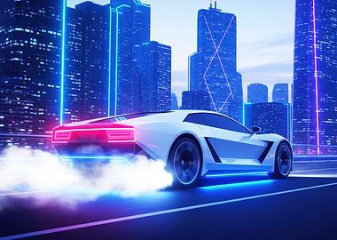 Futuristic Car in Neon Cityscape