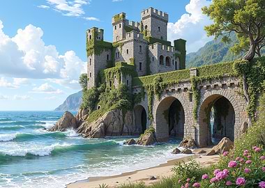 Coastal Castle with Stone Bridge