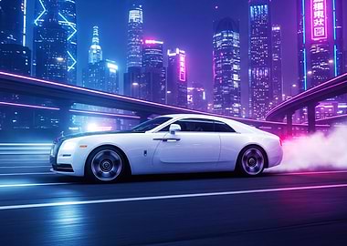 White Rolls Royce in Neon Cityscape