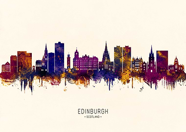 Edinburgh Scotland Skyline Watercolor Art