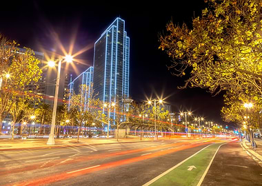 Cityscape at Night with Light Trails