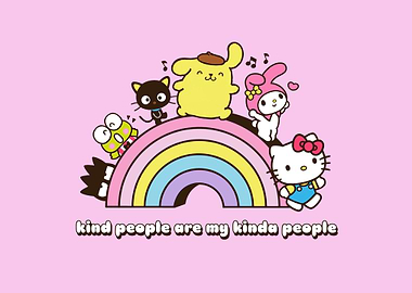 sanrio characters on rainbow with text