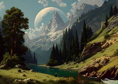 Mountain River with Giant Moon