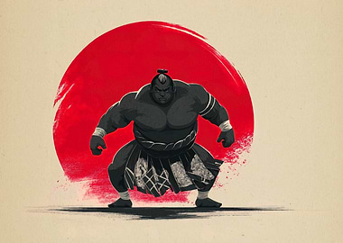 Sumo Wrestler with Red Sun Background