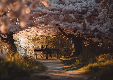 Couple on bench under cherry blossoms