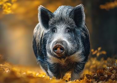 Wild Boar Portrait in Autumn Forest