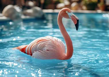 Flamingo in Blue Water