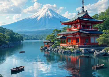 Japanese Pagoda with Mount Fuji View