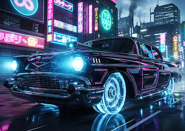 Cyberpunk Classic Car in Neon Cityscape