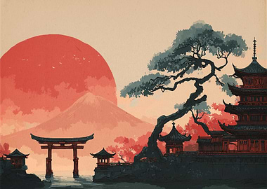 Japanese Landscape with Pagoda and Torii