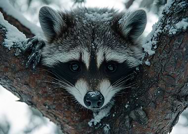 Raccoon in a Snowy Tree