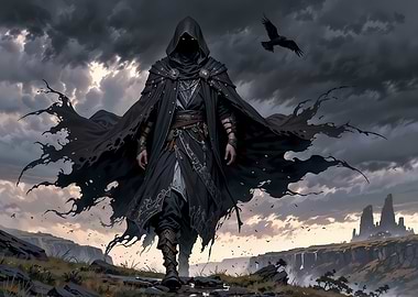 Hooded Figure in Dark Fantasy Landscape