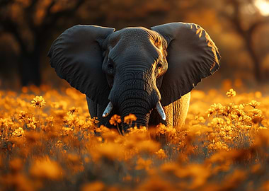 Elephant in a field of flowers