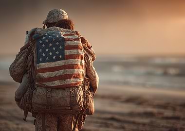 Soldier Carrying Child with American Flag