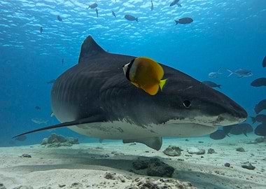 Tiger Shark and Butterflyfish Underwater