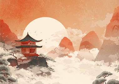 Japanese Temple in Mountain Landscape
