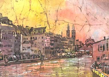 Watercolor landscape Zurich Switzerland travel essentials, art for house Swiss church