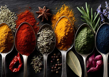 Spices in Spoons on Black