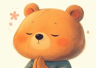 Meditating Cartoon Bear with Flowers