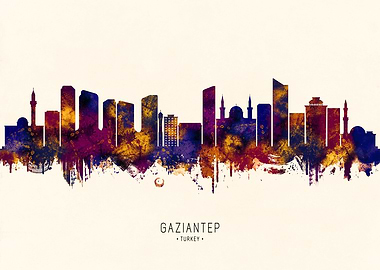 Gaziantep Turkey Skyline Watercolor Silhouette
