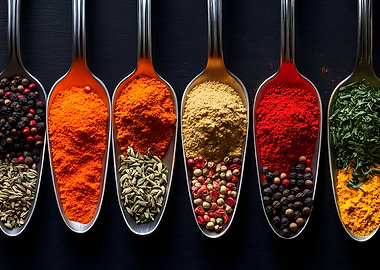 Spices in Spoons on Black