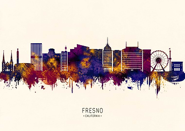Fresno California Skyline Watercolor Silhouette