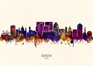 Genova Italy Skyline Watercolor Art