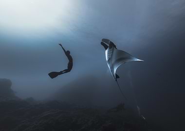 Diver and Manta Ray Underwater