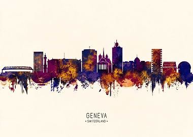 Geneva, Switzerland Skyline Watercolor