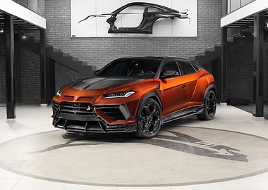 Orange Lamborghini Urus in Showroom