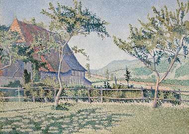 Farmhouse Landscape Pointillism Painting