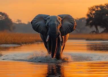 Elephant wading through water at sunset