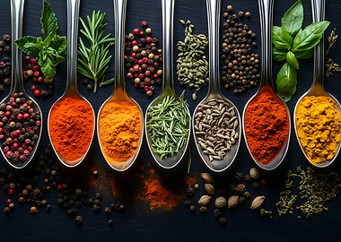 Assorted Spices in Spoons on Black