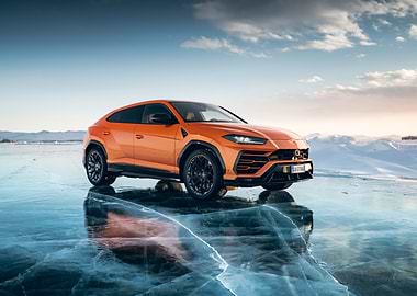 Orange Lamborghini Urus on Frozen Lake