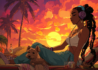 Sunset Beach Relaxation with Dog