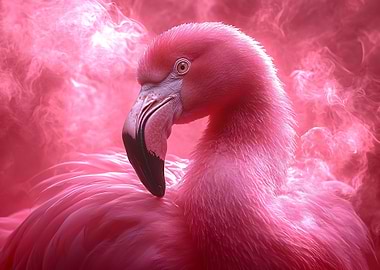 Pink Flamingo Portrait with Smoky Background