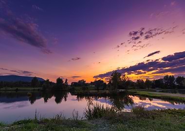 Sunset over a tranquil lake, Silesia, Poland