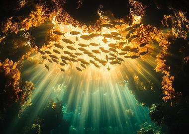 Underwater Sunlight and School of Fish
