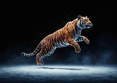Leaping Tiger on Dark Background