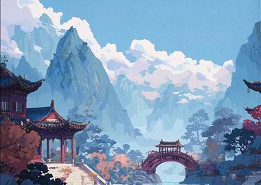 Asian Landscape with Mountains and Architecture